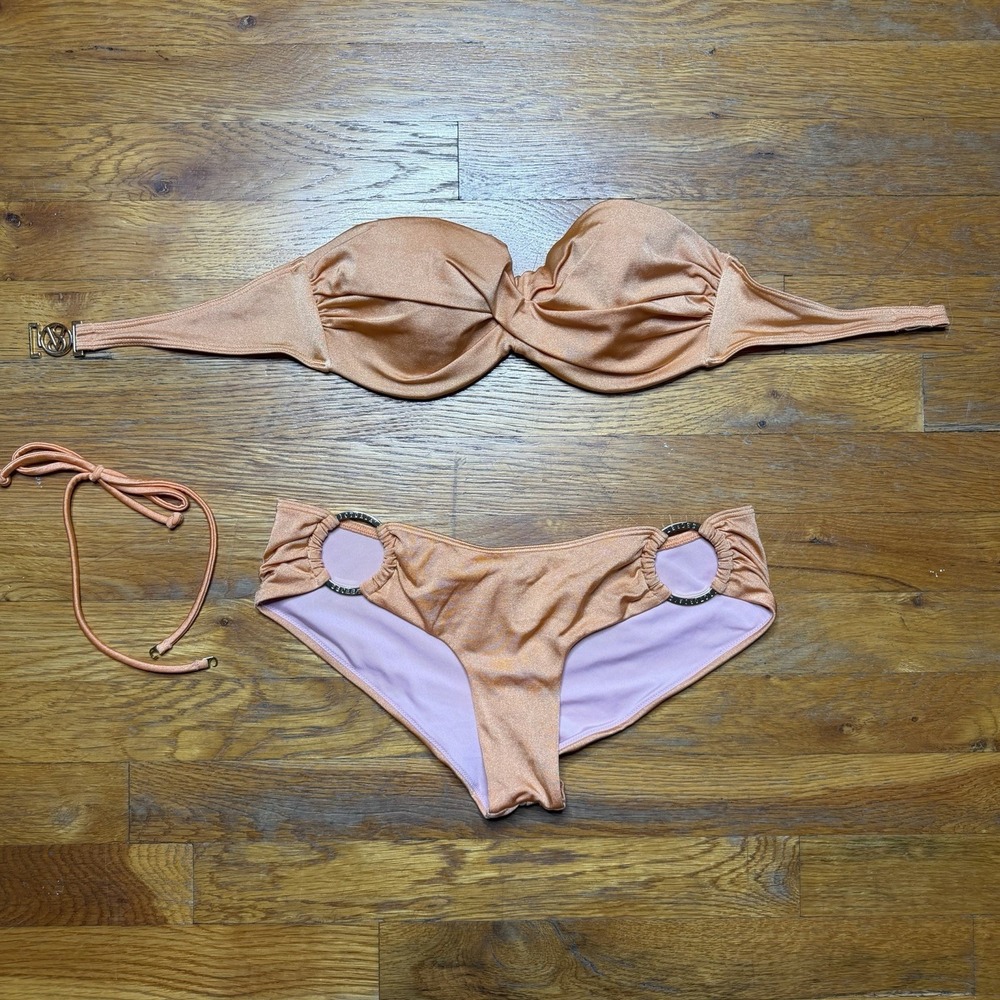 Victoria‎ Secret Twist Top Bikini Set Peach Underwire Bandeau Metal Accents 34B